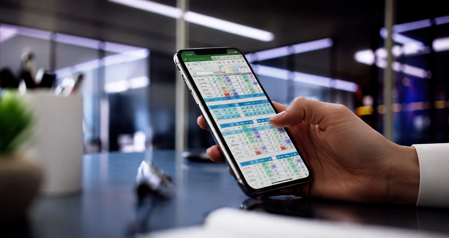 Hand holding a phone displaying a hockey stats spreadsheet